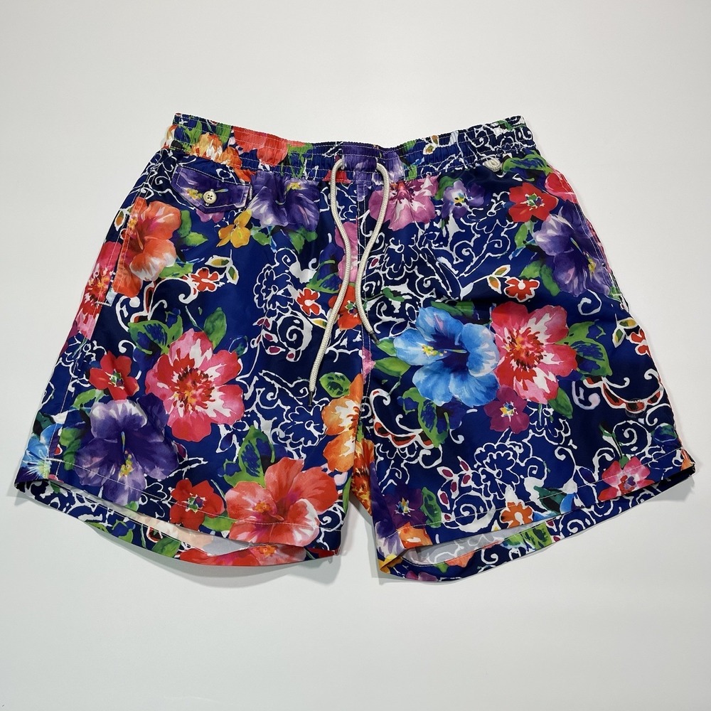 Polo Ralph Lauren‎ Mens Swim Trunks Shorts Blue Floral Print Drawstring Size XL